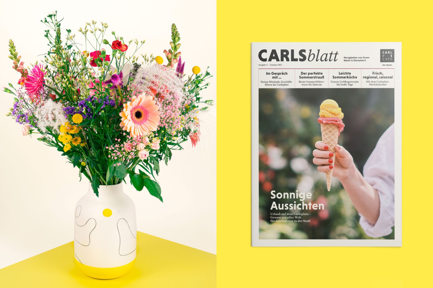 Carlsblatt-Magazin Mockups von Cover und Doppelseiten sowie Produktfotografien von Händeln des Carlsplatz