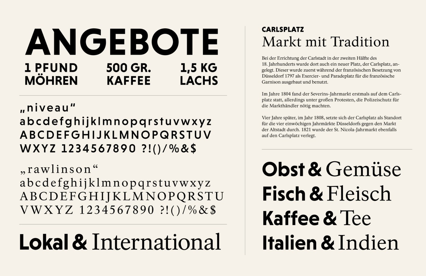 Grafische Herleitung des Carlsplatz-Logos: Ausschnitt aus einem Stadtplan von Düsseldorf mit dem markierten Carlsplatz-Areal, Typografie, Logo in positiv und negativ sowie den Corporate Farben