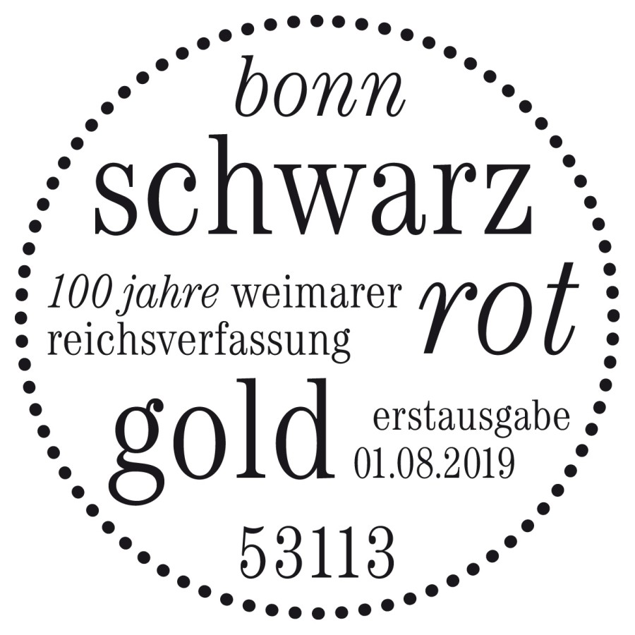 Round first-day postmark for the special stamp commemorating the Bonn postal office (ZIP code 53113), dated August 1, 2019, featuring the inscription “bonn black – 100 years of the Weimar Constitution – red gold” in partially italicized typeface with drop serifs