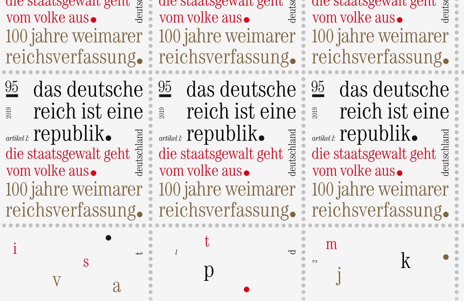 Sheet of six stamps from the Weimar Constitution Special Edition: three stamps each in two cut-out variations featuring the typographic quote in black, red, and gold on a white background, with a decorative letterhead border