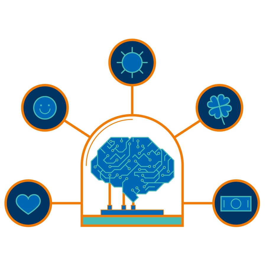 Redaktionelle Infografik für das HHU-Magazin: schematische Darstellung eines vernetzten Gehirns mit Symbolen für Herz, Geld und weiteren Emotionen in Orange und Blau auf weißem Hintergrund