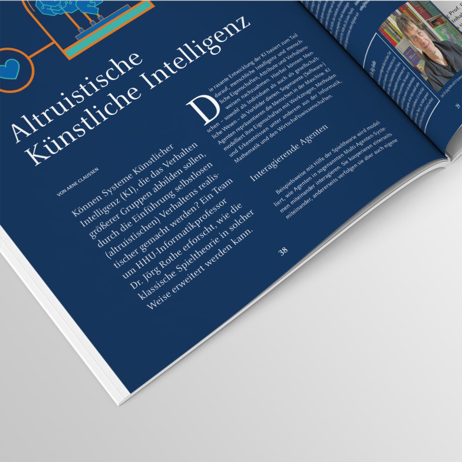 Aufgeschlagene HHU-Magazin-Doppelseite zum Thema Altruistische Künstliche Intelligenz: typografisch gestalteter Artikeleinstieg „Altruistische Künstliche Intelligenz" auf dunkelblauem Hintergrund mit weißem Text