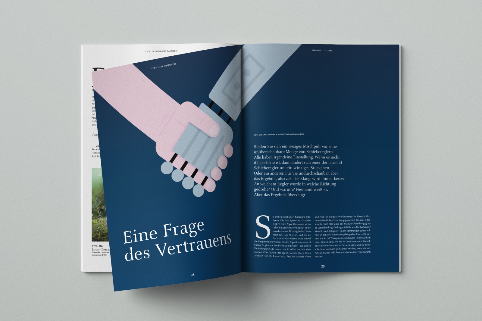 Aufgeschlagene HHU-Magazin-Doppelseite Aufmacher zum Thema KI-Algorithmen mit der Überschrift „Eine Frage des Vertrauens" und einer Illustration zweier sich berührender Hände – eine menschliche, eine mechanische – auf dunkelblauem Hintergrund