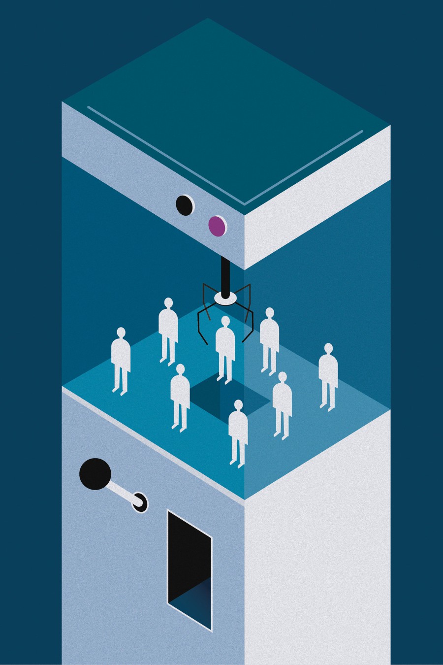 Redaktionelle Illustration für das HHU-Magazin: isometrische Darstellung eines Roboterarms über einer Gruppe Menschenfiguren auf blauem Hintergrund, symbolisiert algorithmische Entscheidungsfindung und KI-Kontrolle