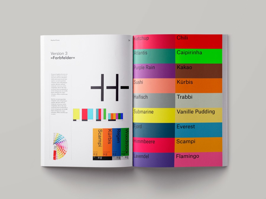 Buchseite mit gesammelten Farbfeldern, also möglichen Corporate Design Farben