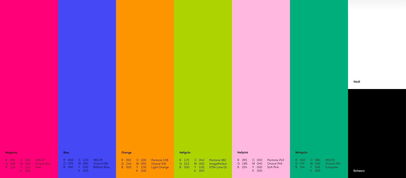 Farbpalette des Corporate Designs mit den Feldern: Magenta, Blau, Orange, Hellgrün, Hellpink und Mintgrün