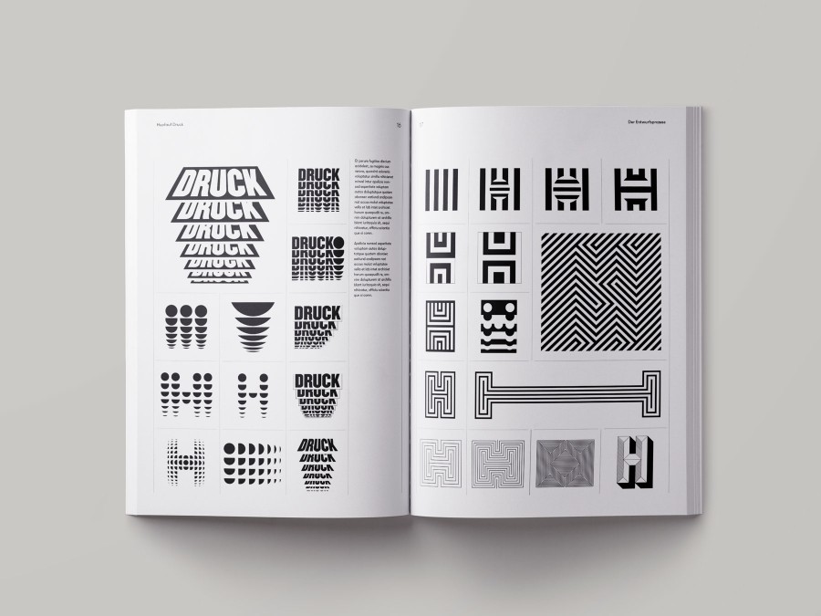 Buchseite mit monochromen H-Variationen aus Balken, Streifen und geometrischen Einzelformen