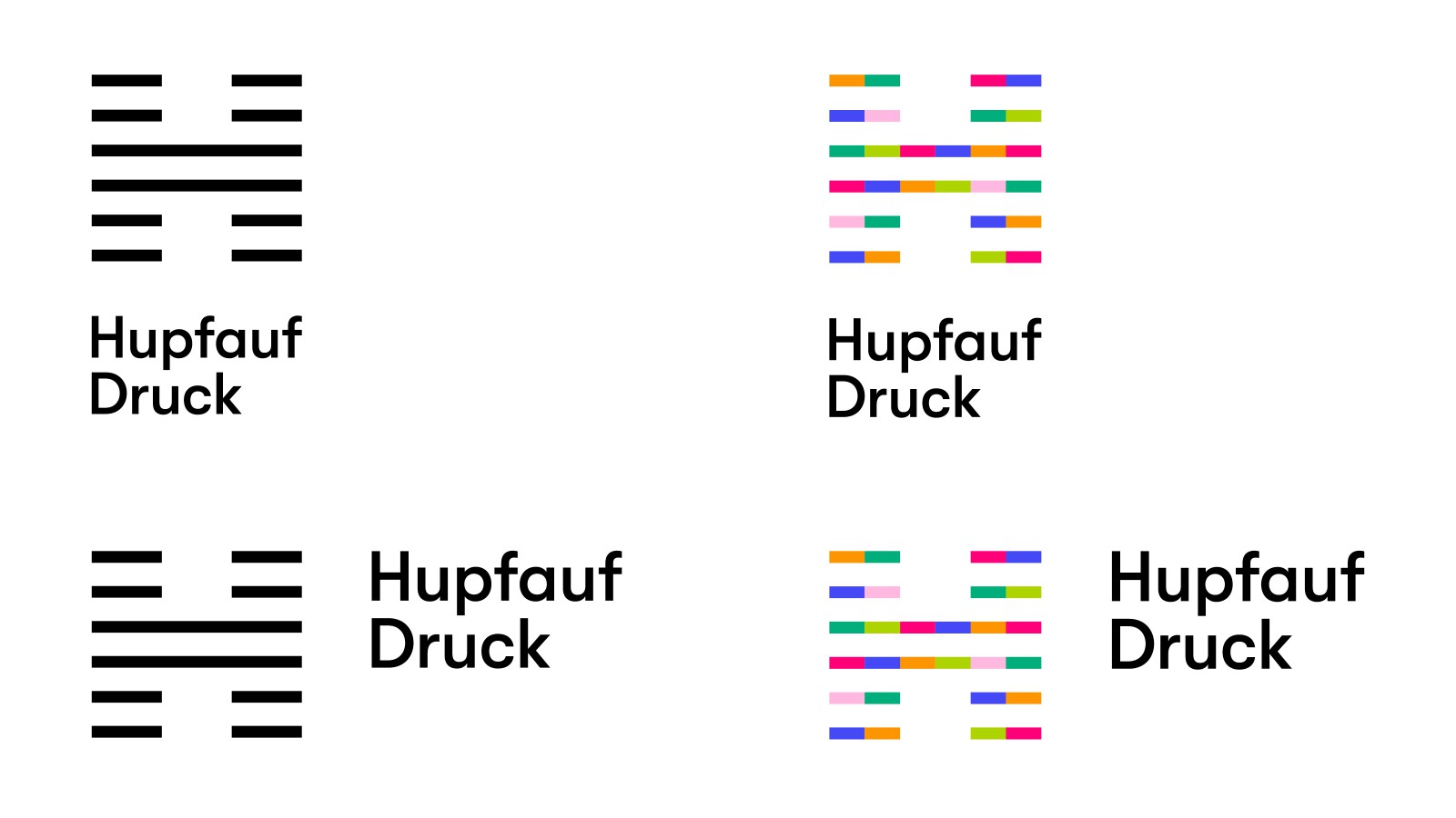 Vier Varianten des Hupfauf-Logos: zweimal einfarbig schwarz, zweimal in bunt farbig