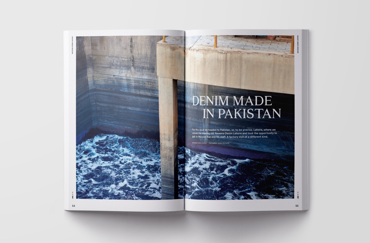 Opened J'N'C magazine mockup featuring sample double-page spreads from the fashion spreads “Utopia,” “No Rules,” “Denim Made in Pakistan,” and “la Vie de Nimes,” the “Cover Feature,” and two interviews (AFEW and Wouter Munnichs)