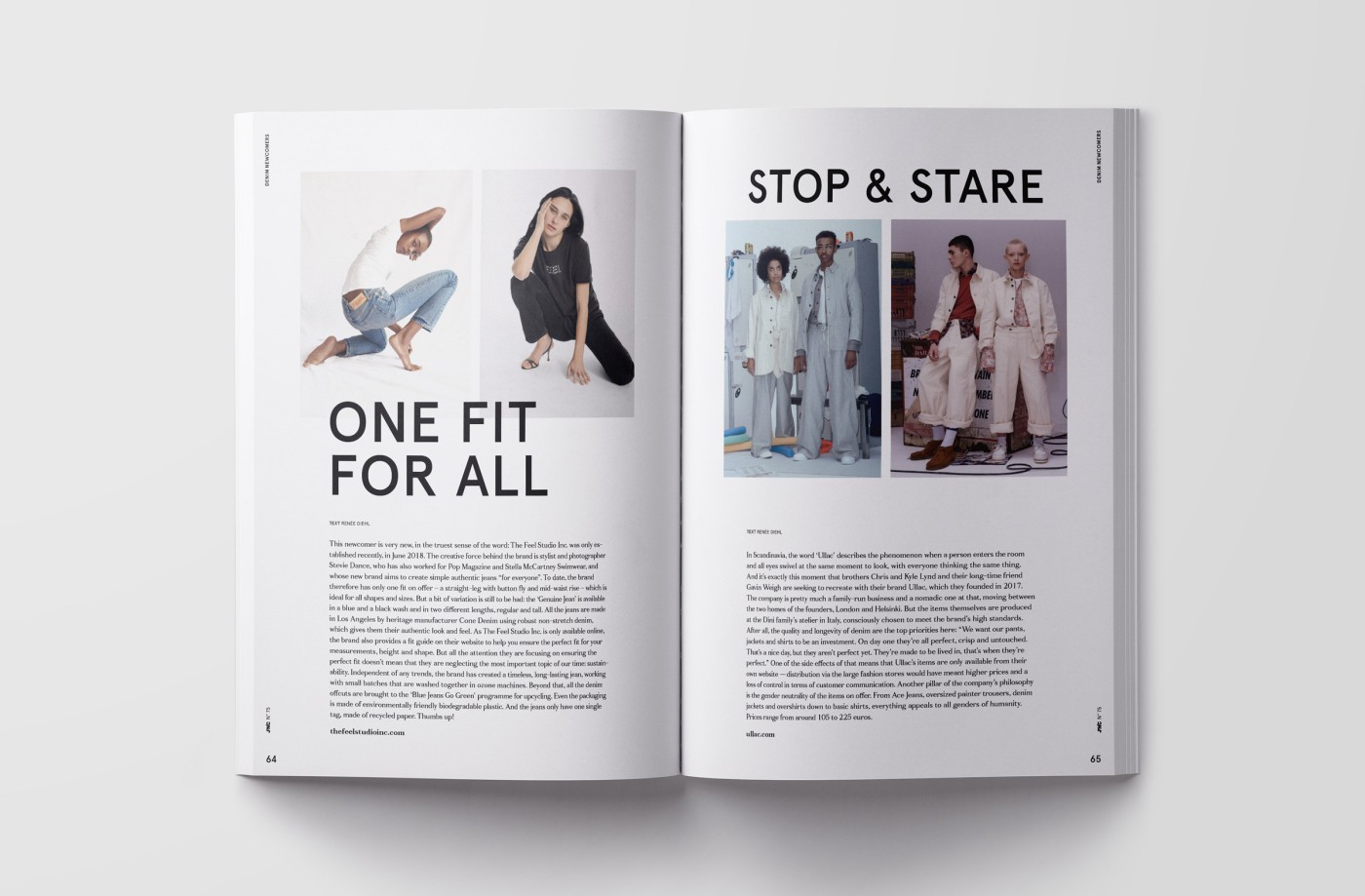 An open copy of J'N'C magazine featuring sample double-page spreads from the sections “Brands to Watch,” “Most Wanted,” “Denim Textile Trends,” “Bits & Pieces,” and “Denim Newcomers”