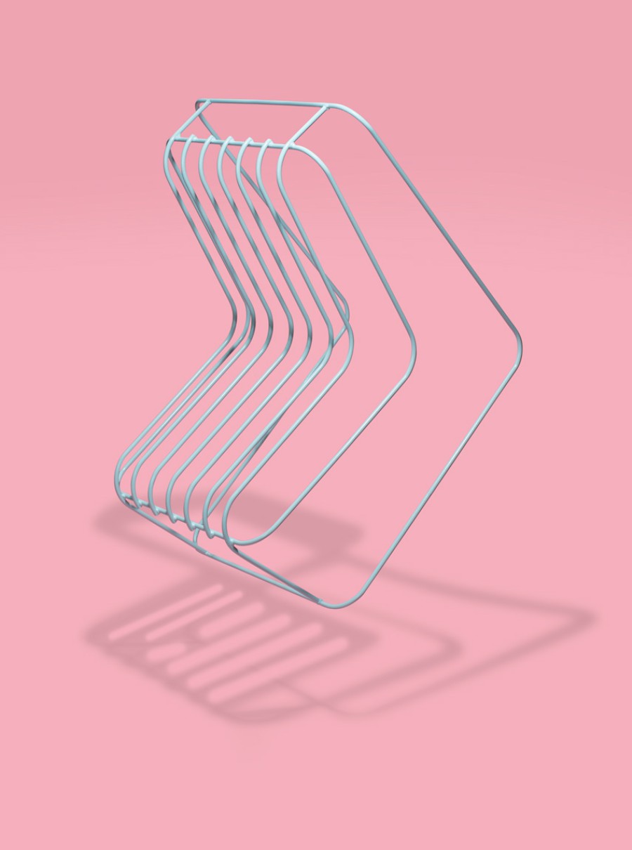Product photo of a minimalist metal wire-frame chair on a pink background, appearing to float in the room