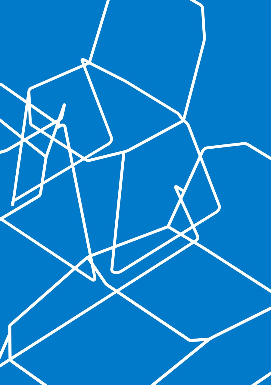 A stylized line drawing of several white chairs on a bright blue background, used as a graphic design element for the Krimberg branding