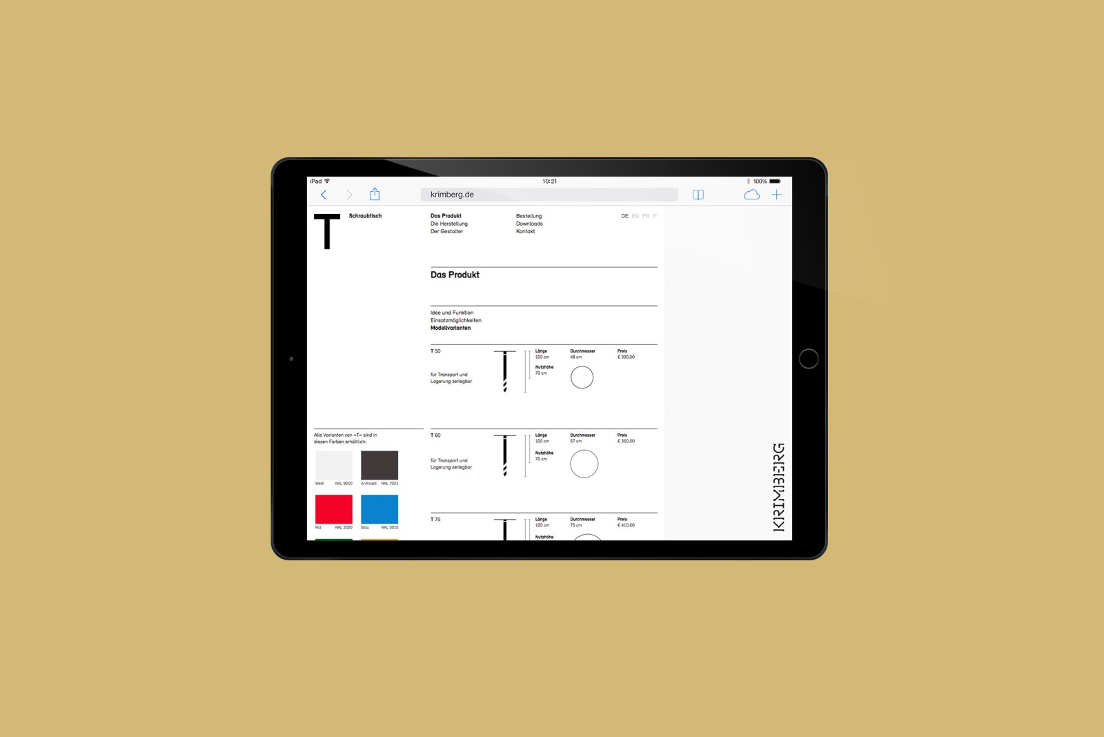 Tablet mockup of the Krimberg website featuring a product detail page: typography for the different models, color palettes, and product description text