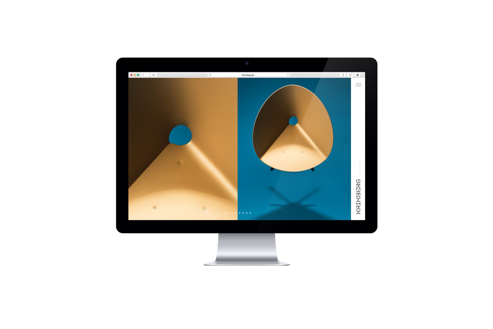iMac desktop mockup of the Krimberg website featuring a product page: on the left, a close-up of a chair’s seat; in the center, a full view of the chair floating in space; and on the right, the website navigation running vertically against a white background