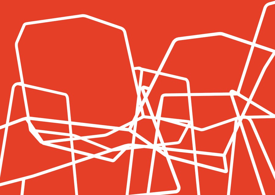 A stylized line drawing of several chairs arranged side by side and stacked on top of one another in white on a bright red background for the Krimberg branding
