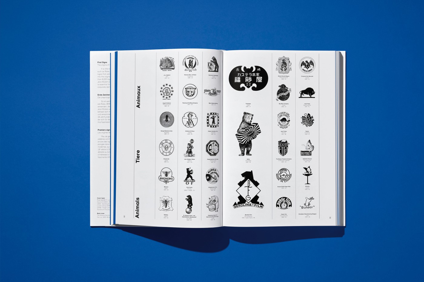 Double-page spreads from “Logo Beginnings” featuring categorized company logos and trademarks, including logos from well-known companies such as Avanti and section dividers