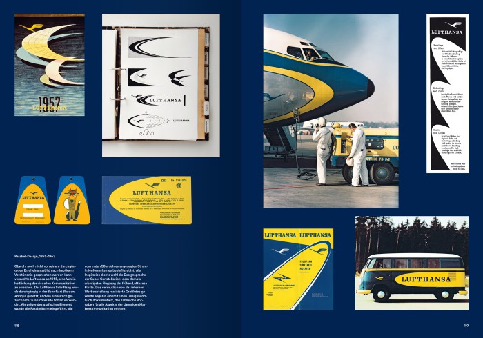 Doppelseite aus dem Buch 100 Jahre Lufthansa, Abbildung Parabeldesign, 1955-1963