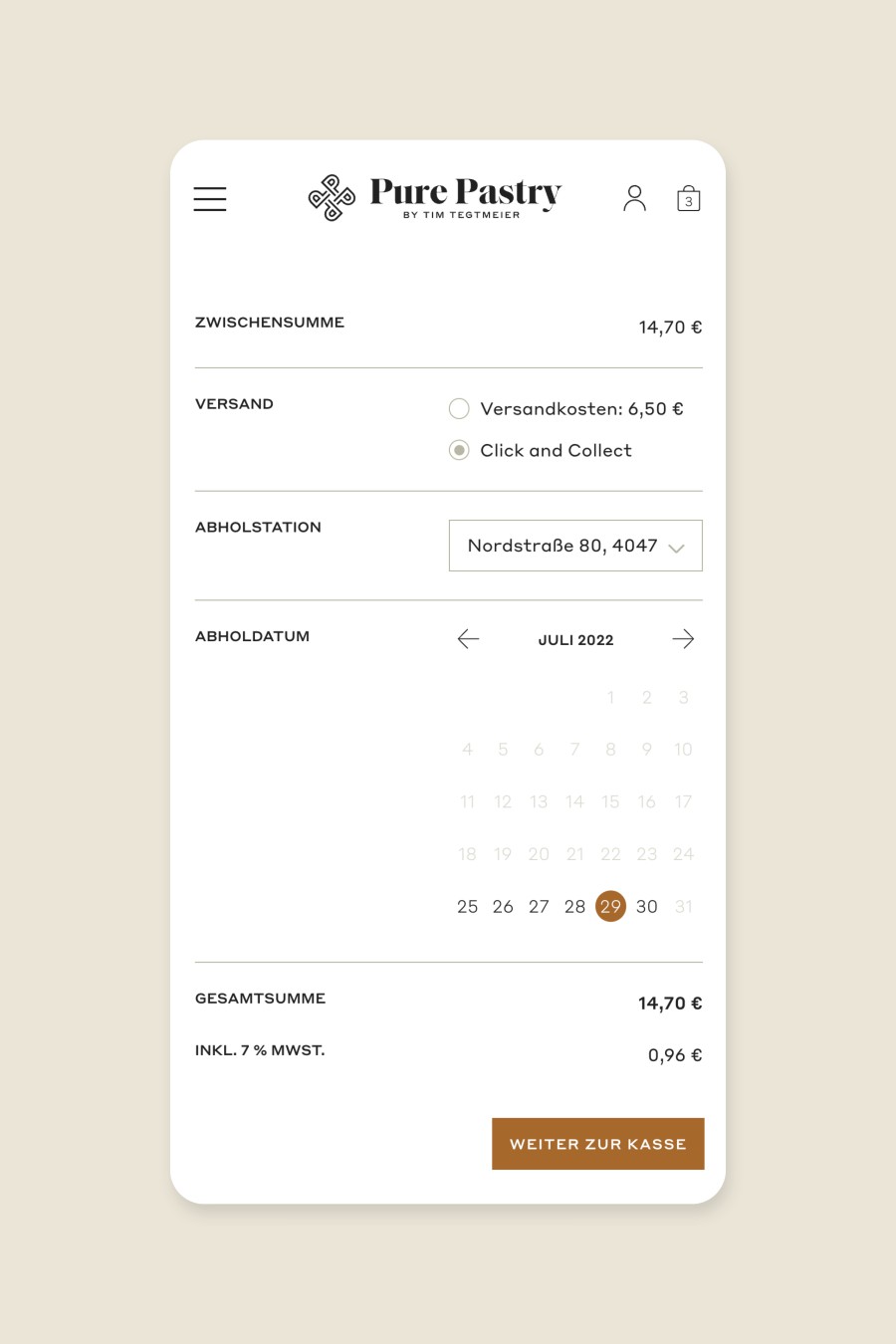 Mobile Checkout-Ansicht mit Click-&-Collect-Option, Filialauswahl und Abholkalender im Pure Pastry Webshop