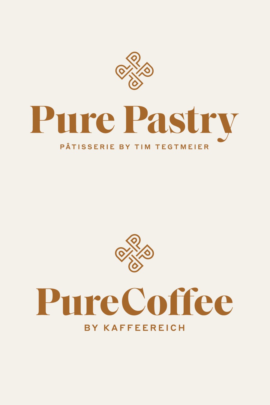Pure Pastry and PureCoffee logos on a light background: at the top, the wordmark “Pure Pastry – Pâtisserie by Tim Tegtmeier” with an ornamental emblem; below it, “PureCoffee by Kaffeereich”
