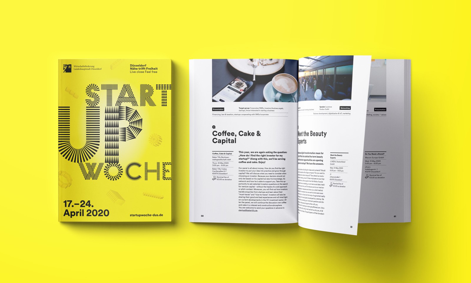 Cover and interior mockup of the Startup Week 2020 program (April 17–24) on a yellow background with patterned lettering
