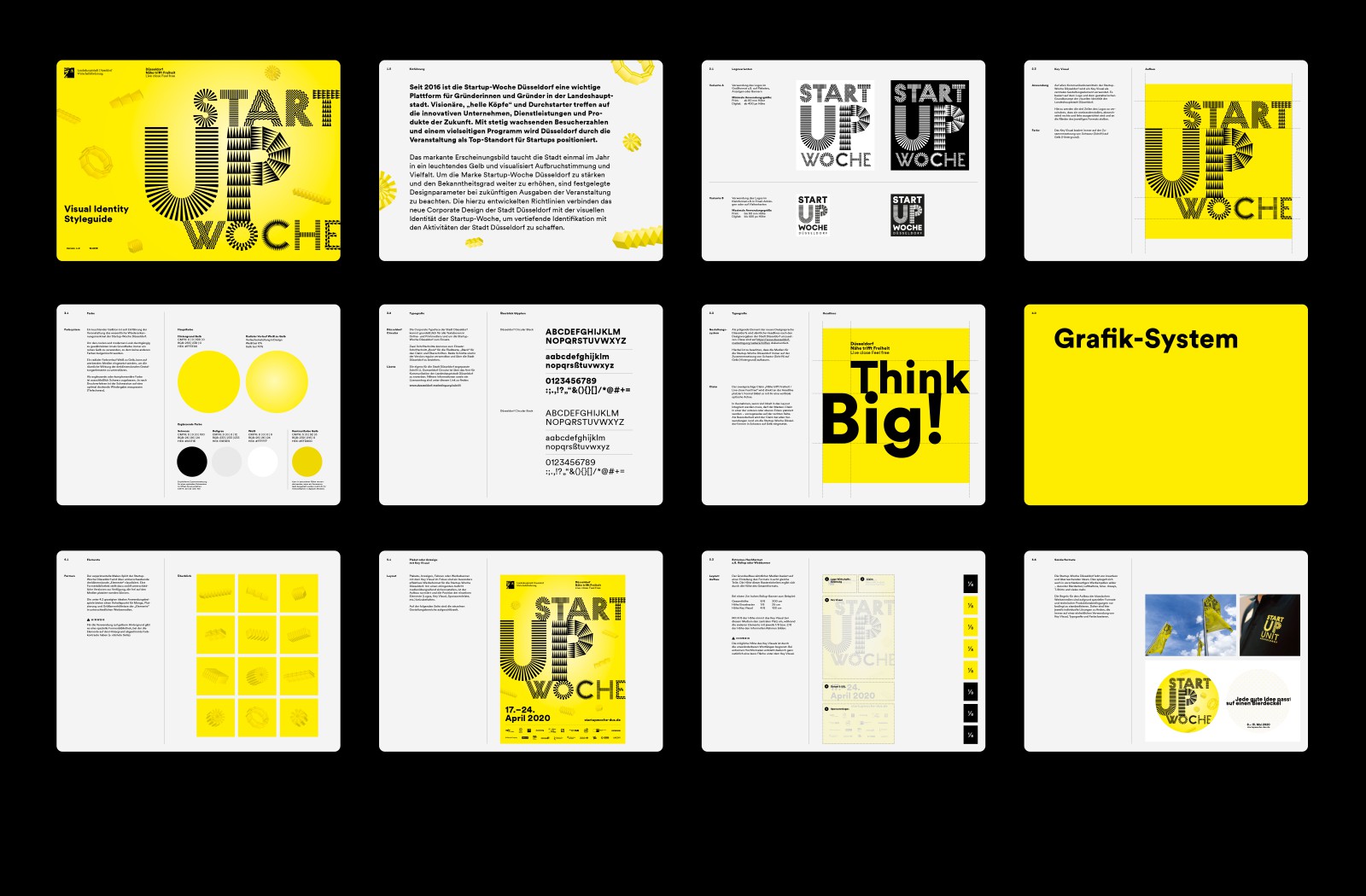 A grid-based overview of twelve pages from the Düsseldorf Startup Week Visual Identity Style Guide on a black background, including the cover page, logo overview, color scheme, typography, infographics, and the graphic system featuring the tagline “Think Big!”