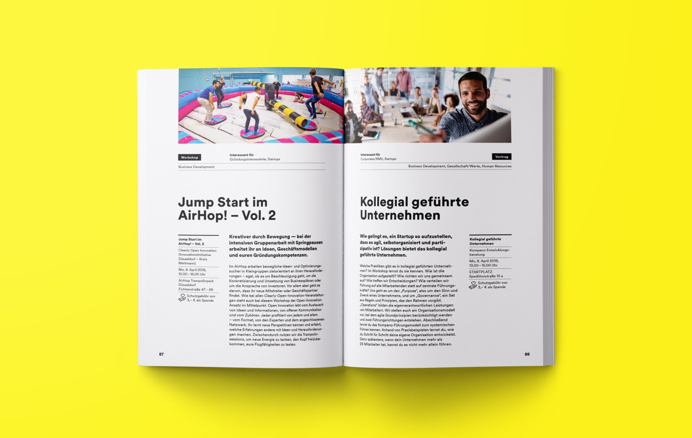 Inside pages of the Startup Week program booklet, open to a page with event descriptions